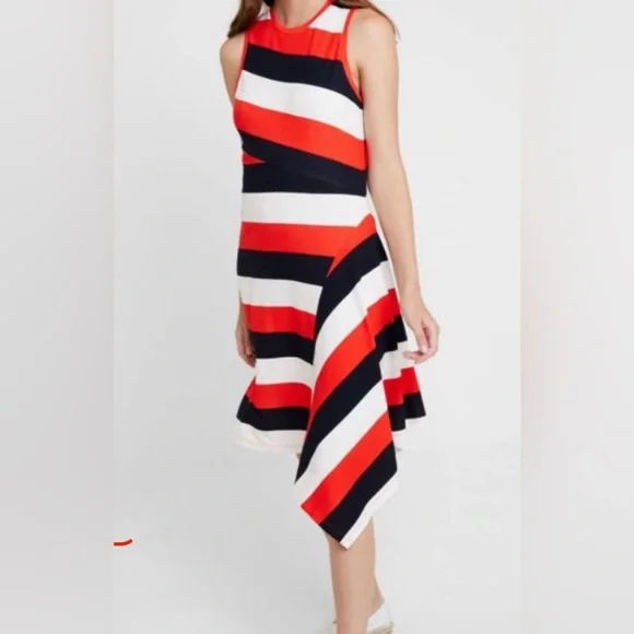 Banana Republic Asymmetrical Orange, Navy, and Cream Dress- Size Large Tall - Picture 3 of 14